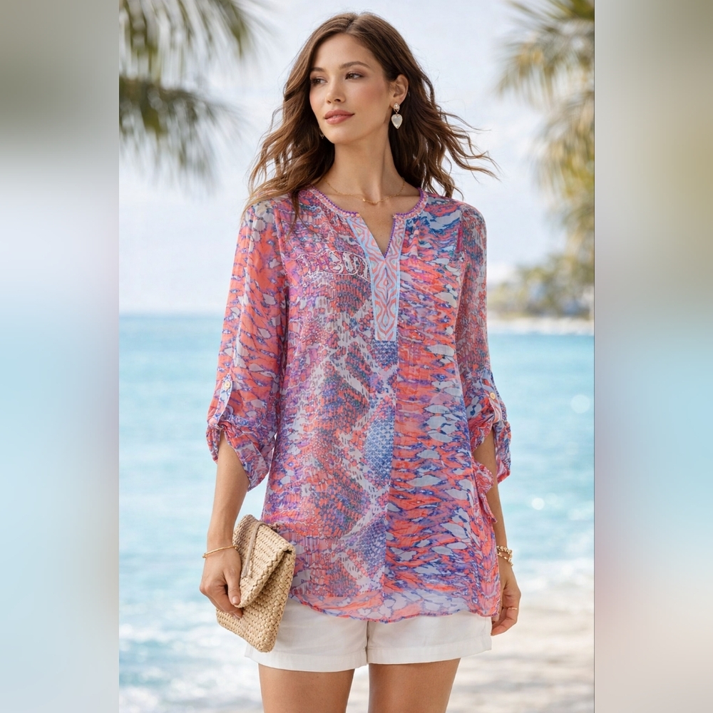 Hale Bob Silk Blend Printed Tunic Top Beaded Neck Boho Resort Medium